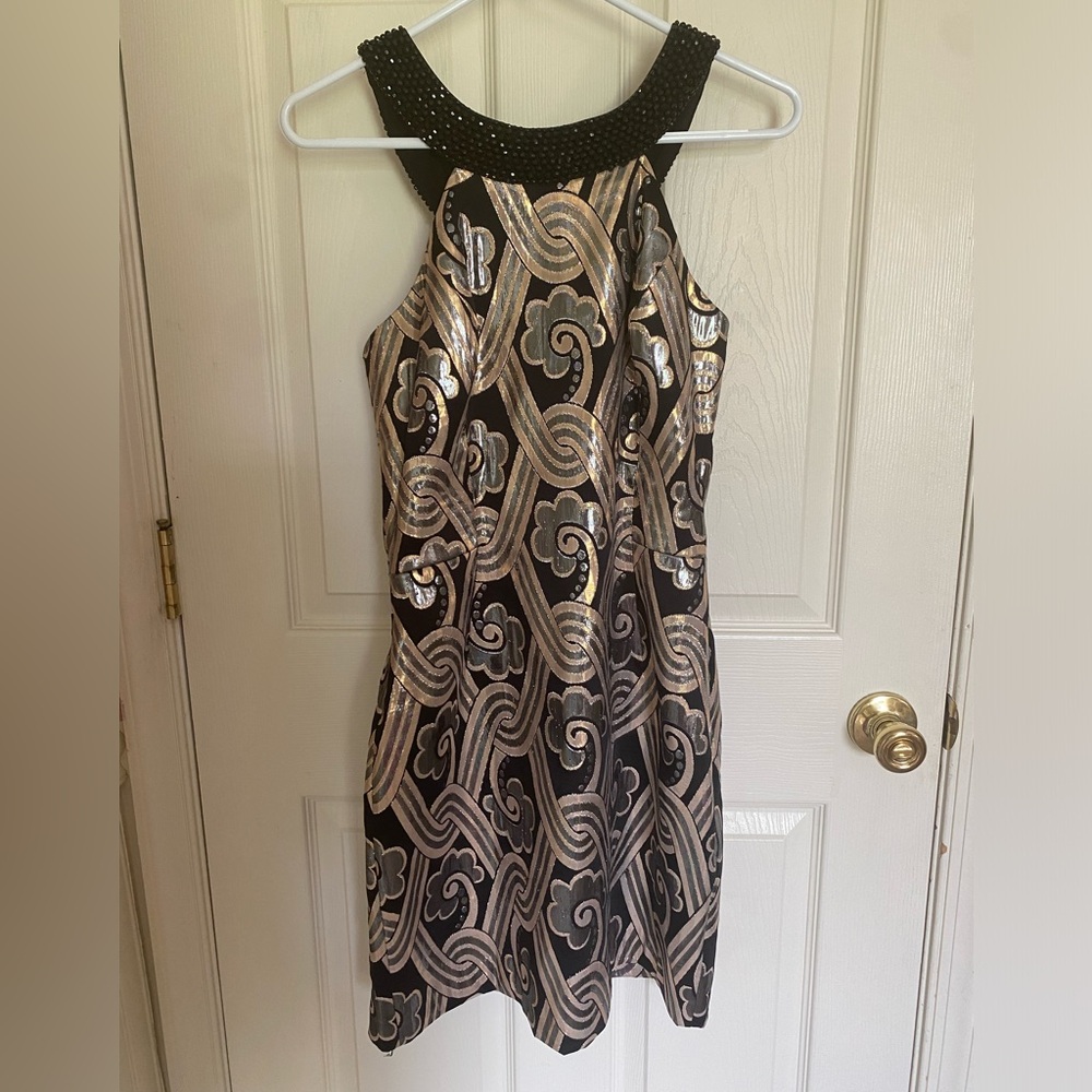 Lilly Pulitzer Gold and Silver foil halter dress with Black beaded neckline.